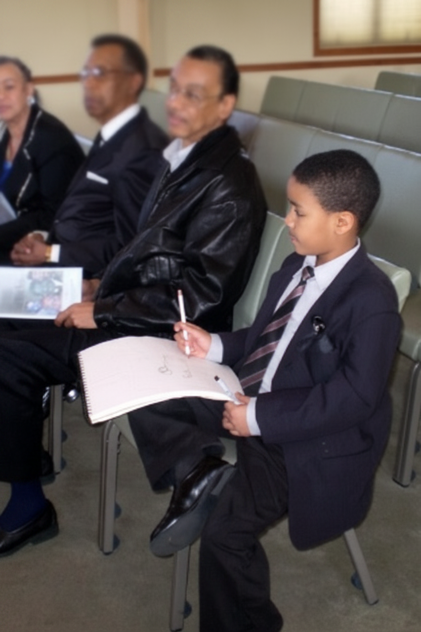 Xavier as a child seated with family at church